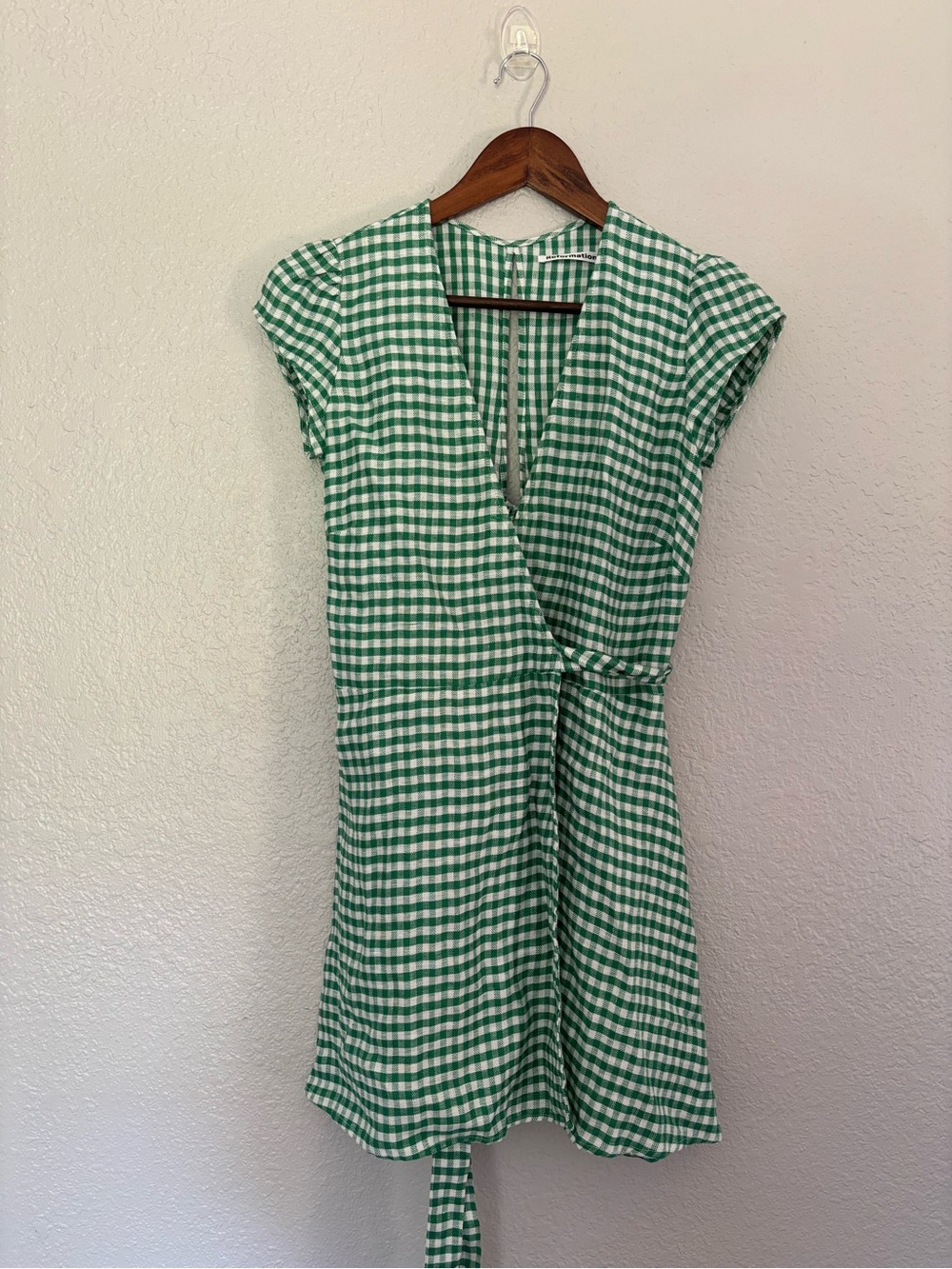 Reformation Rodin Linen Wrap Mini Dress in Green Gingham - Picture 3 of 10